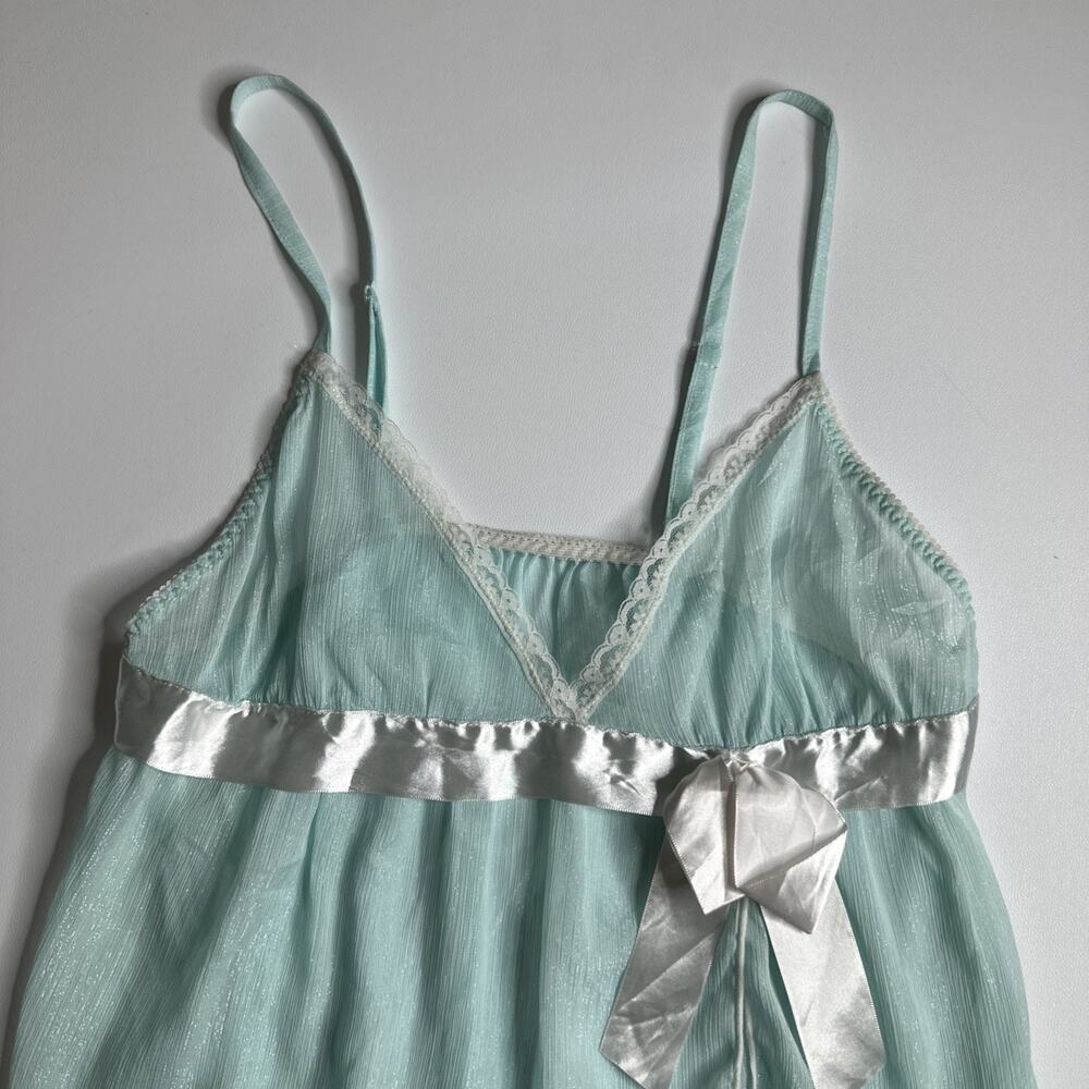 Y2K Sparkle Sheer Lace Slip Dress Blue Bow Lingerie Medium Angelcore Coquette - Picture 7 of 13
